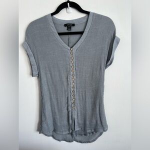 Alison Sheri Gray Button-Down Short Sleeve V-Neck Blouse Top XS